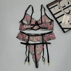 Pink embroidered bow bra