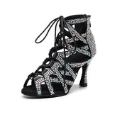 Women's Satin Black Rhinestone Heels Dance Boots JazSalsa Dancing Shoes