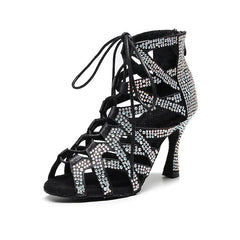 Women's Satin Black Rhinestone Heels Dance Boots JazSalsa Dancing Shoes