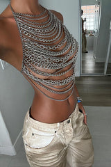 Dangle Chains Cutout Halter Neck Backless Party Crop Top Silver