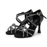 Women's Black Satin Rhinestone Customized Heels Ballroom Latin Dance Shoes
