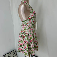 Deep V-Neck Halter Dress With Vintage Print
