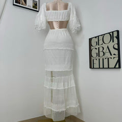 White Lantern Sleeve Suspender Dress