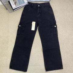 Washed multi-pocket straight-leg work pants