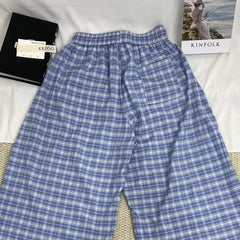 Retro Blue Curved-Leg Plaid Trousers