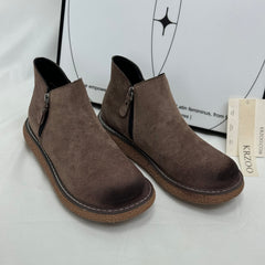 Velvet-textured distressed thick-soled short boots