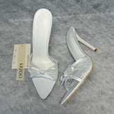 Lace pointed-toe embroidered bow high heels
