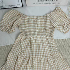 Square-neck checked high-waisted dress