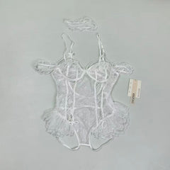 Backless and low-cut one-piece net-sheer uniform set