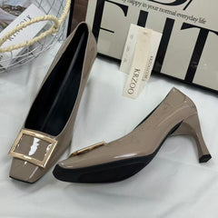 Metal square fastener painted leather square-toe shoes