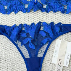 Deep V embroidered lace bra set