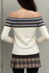 Knit Striped Stars Pattern Off Shoulder Long Sleeve Sweater-Beige