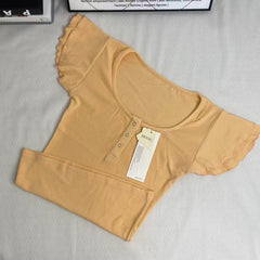 U-neck short puff-sleeved solid-color T-shirt