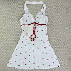 Deep V button-down backless cherry-neckline dress