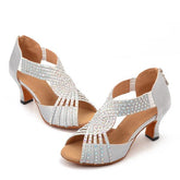 Women's Silver Customized Heel Strappy Satin Rhinestones Sandal Bride Dance Shoes