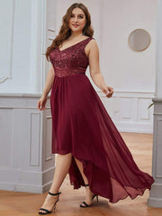 Sparkling Paillette & Chiffon V-neck A-line Sleeveless Plus Size Evening Gown
