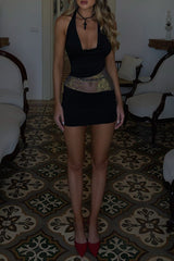 Cowl Neckline Hot Drilling Bodycon Halter Mini Dresses Black