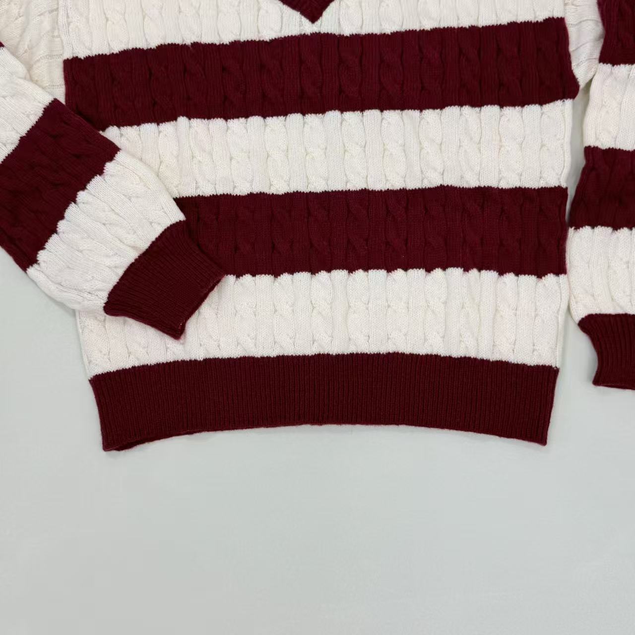 Loose V-neck vintage contrasting stripe sweater