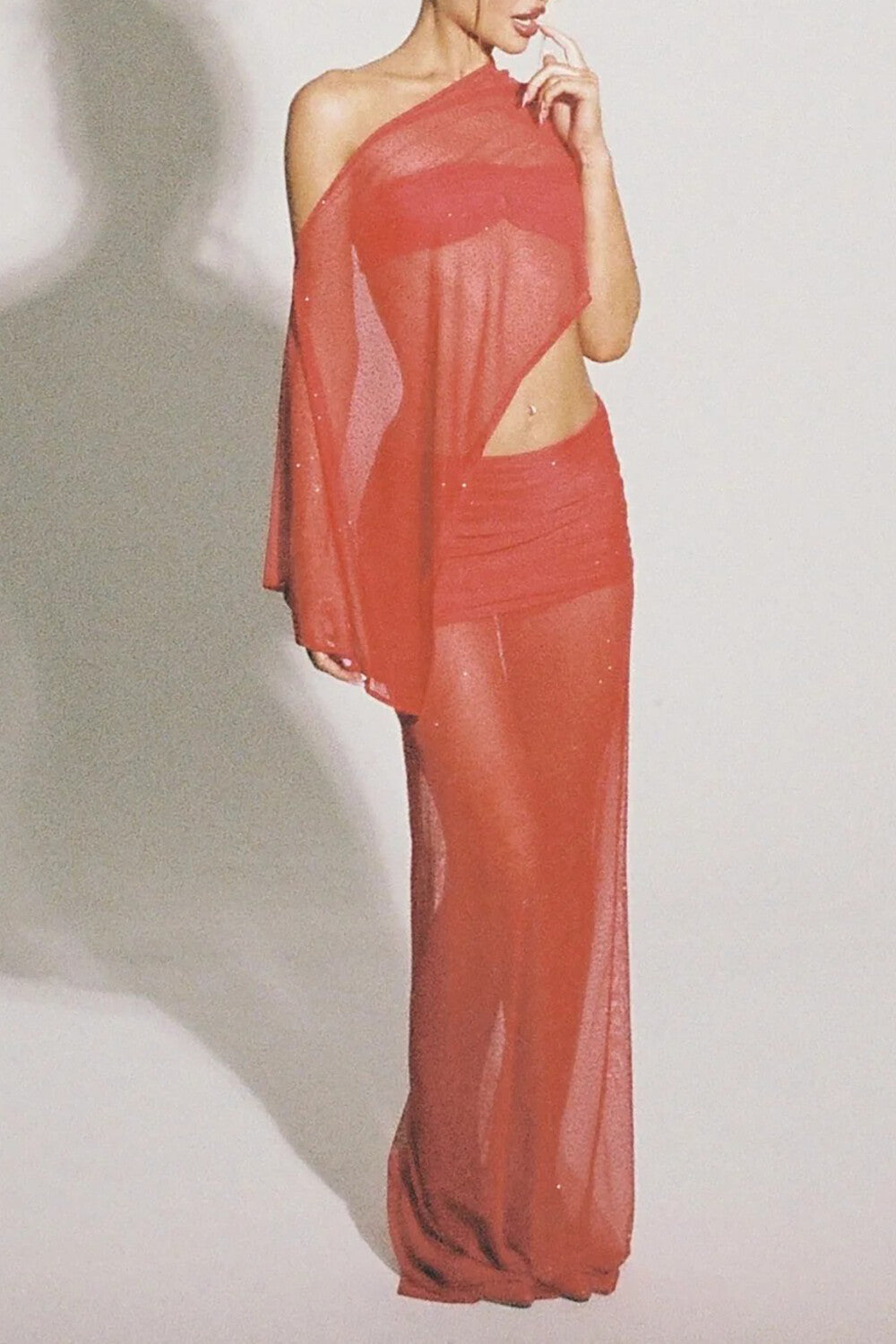 Off Shoulder Irregular Top Fitted See Through Maxi Skirt Set-Red Pre Order