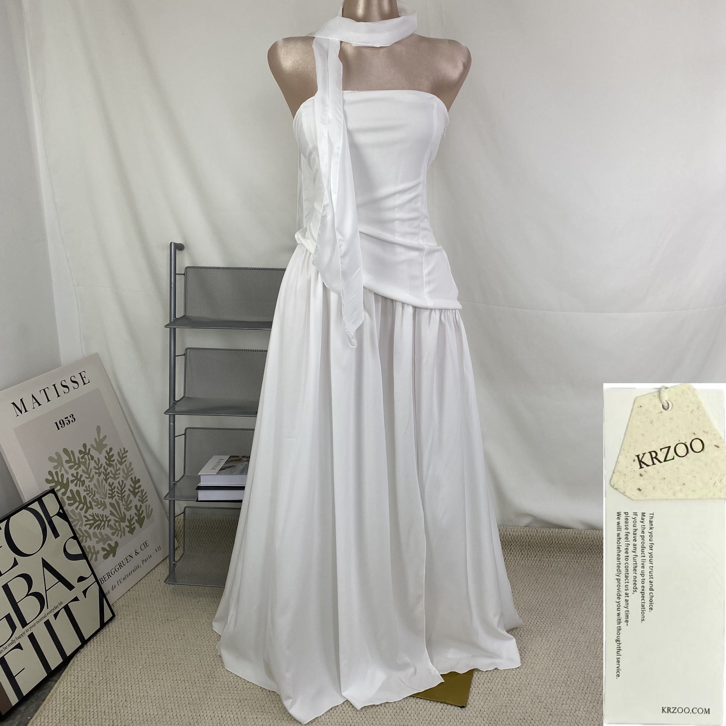 Belted irregular plunging dress with frill trim