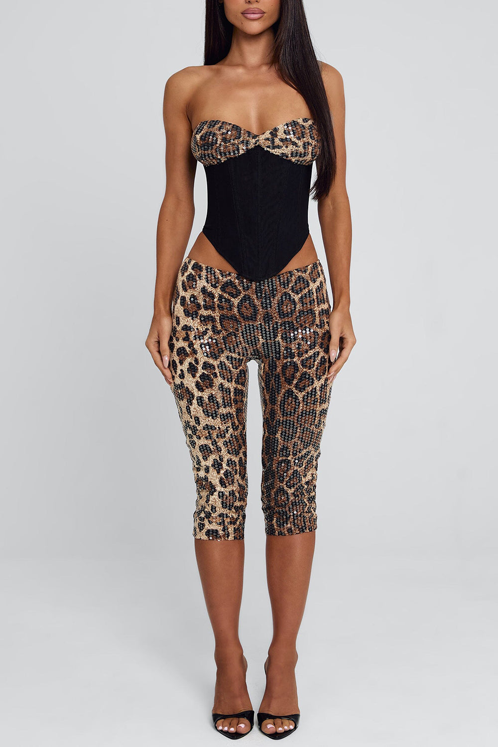 Strapless Top Low-Rise Pants Leopard Sequin Party 2pcs Set-Brown Pre Order