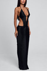 Halter Deep V Neck Cut Out Backless Ruched Maxi Dresses-Black Pre Order