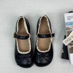 Round-toe retro bow flat leather shoes