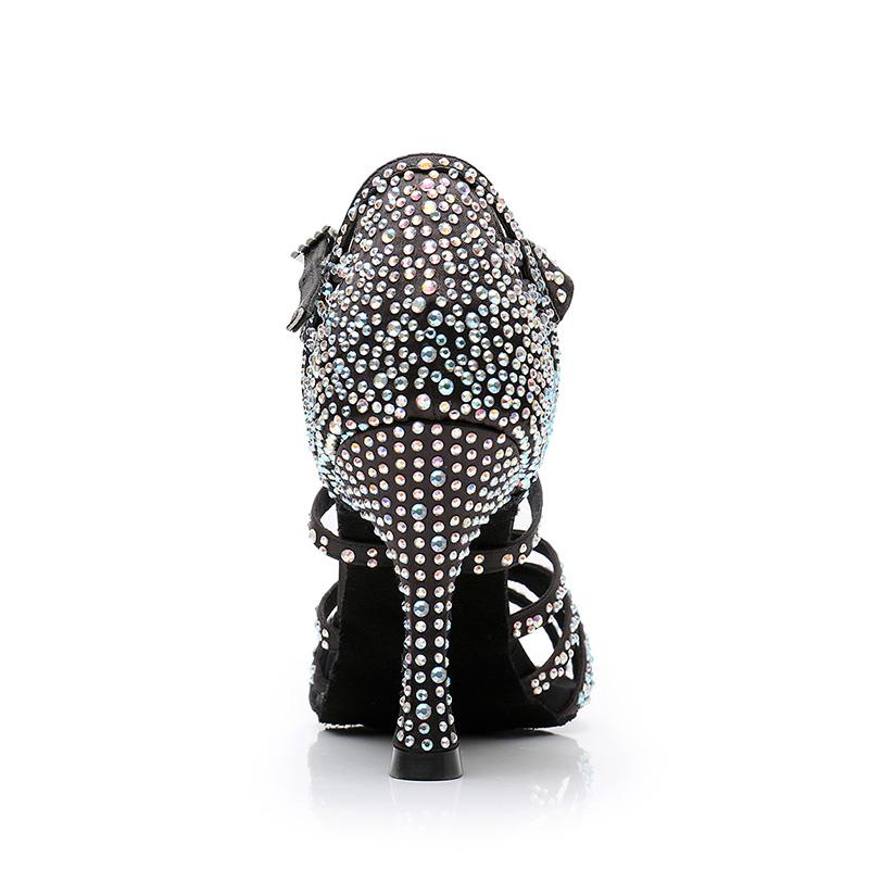 Women's Black Customized Heel Strappy Dance Shoes With Crystals
