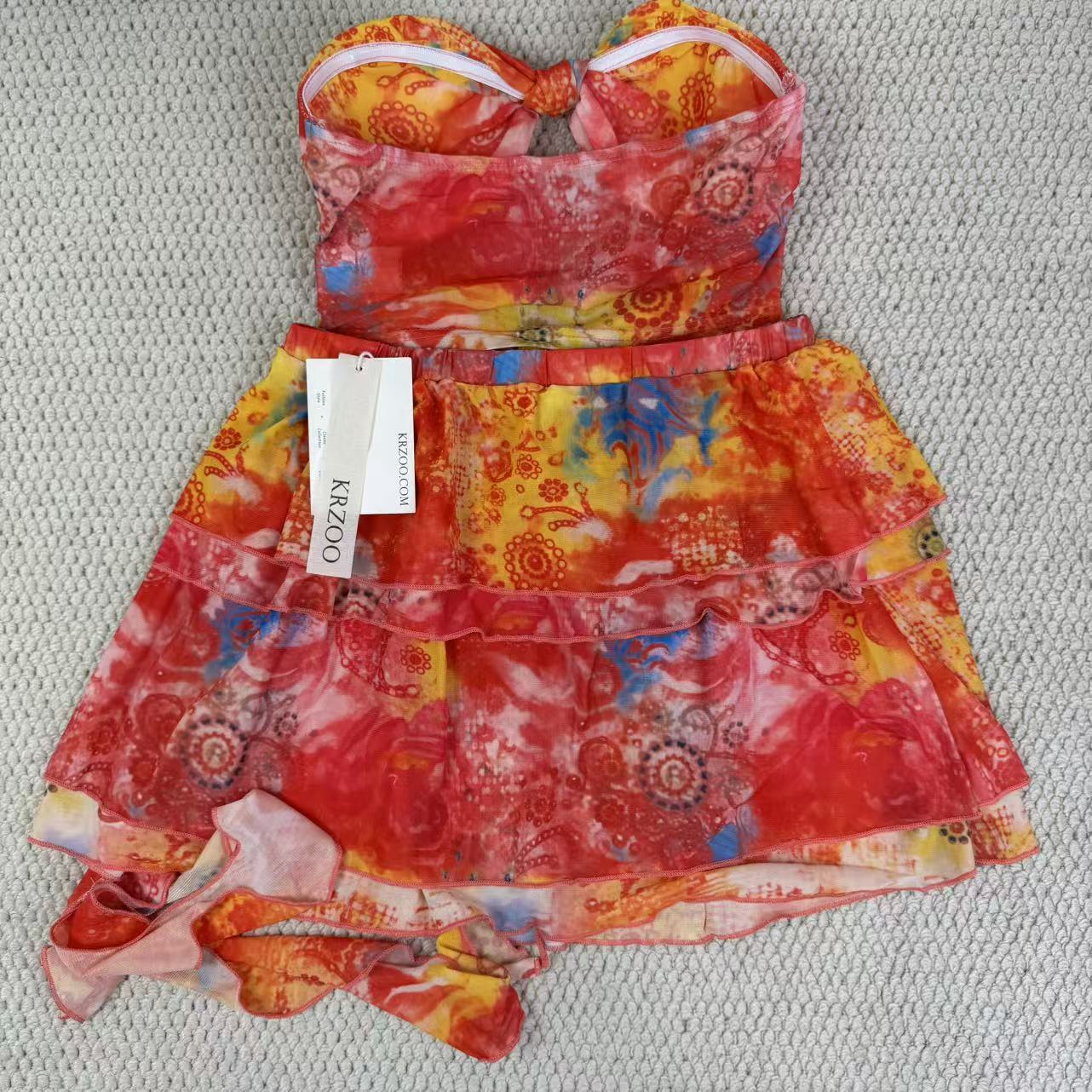 Strapless wooden-earrings short dress set
