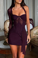One Sleeve Halter Corset Design Asymmetrical Mini Dresses Purple