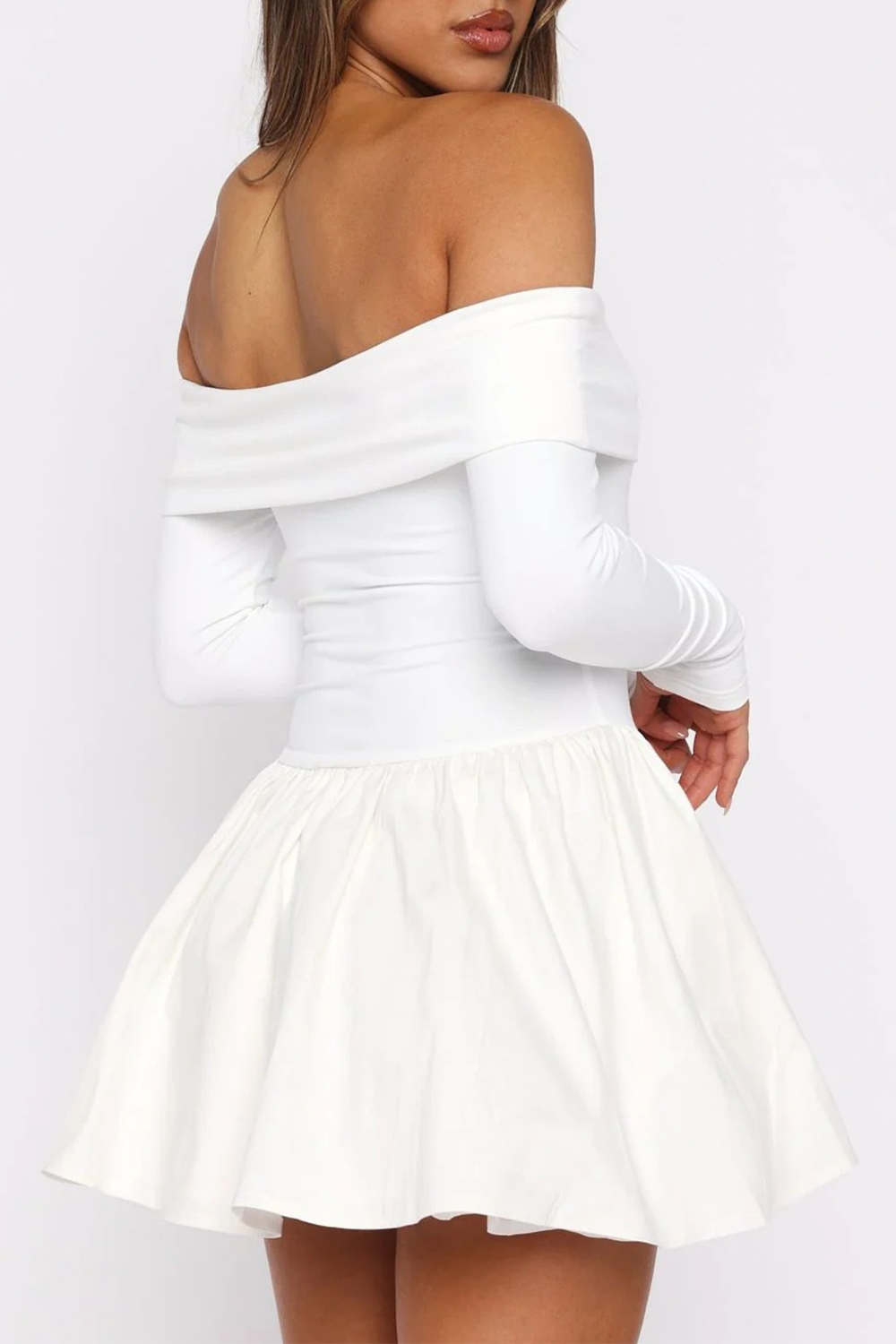 Off Shoulder Boat Neck Long Sleeve Cinch Waist Solid Color Mini Dresses-White