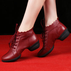 Women's Leather Lace-up 4cm Heel Dance Sneakers Practice Dance Shoes JazDance