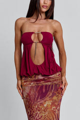 Strapless Party Velvet Cut Out Top Print Maxi Skirt 2pcs Set-Red Pre Order