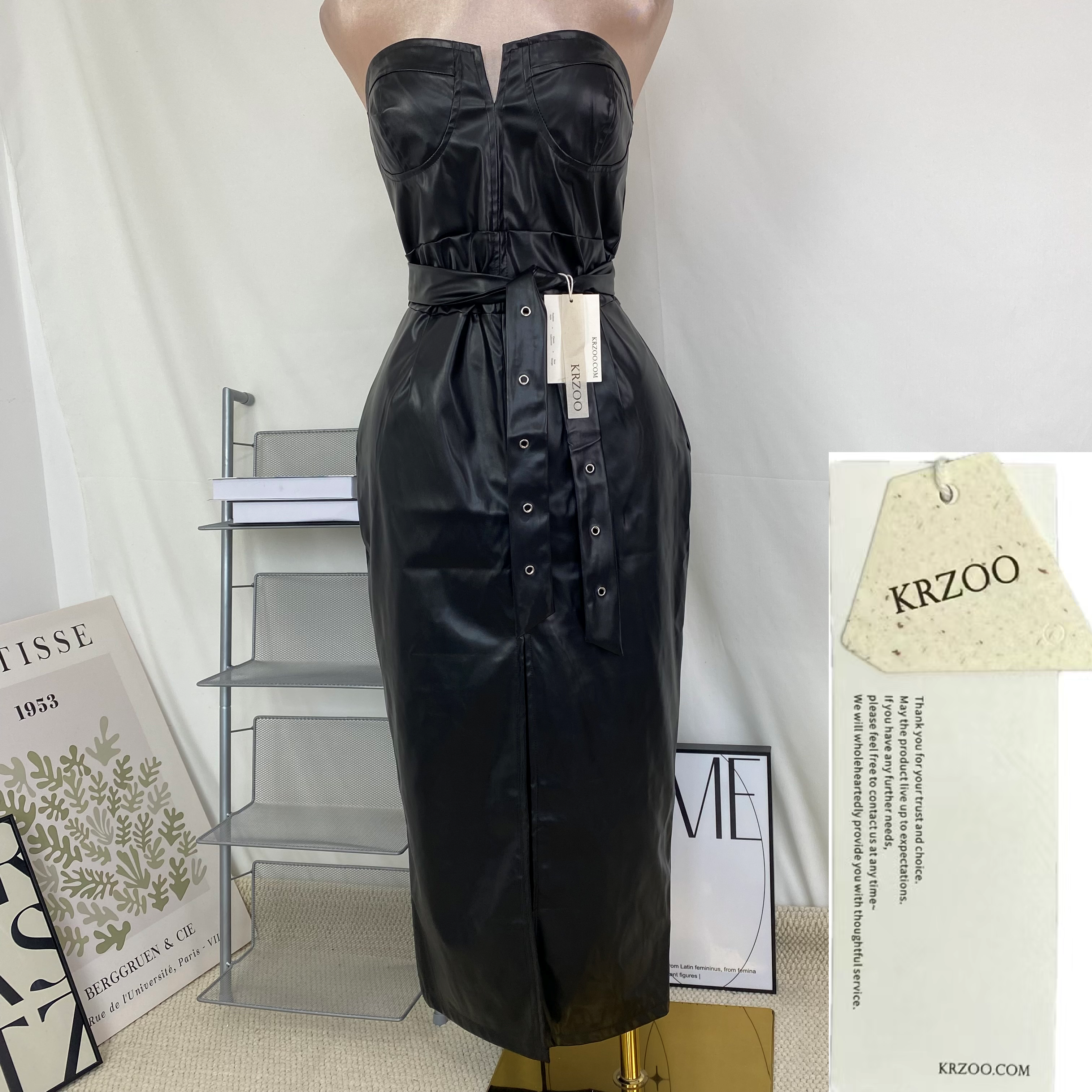 Strapless tight-fitting slit PU studded dress