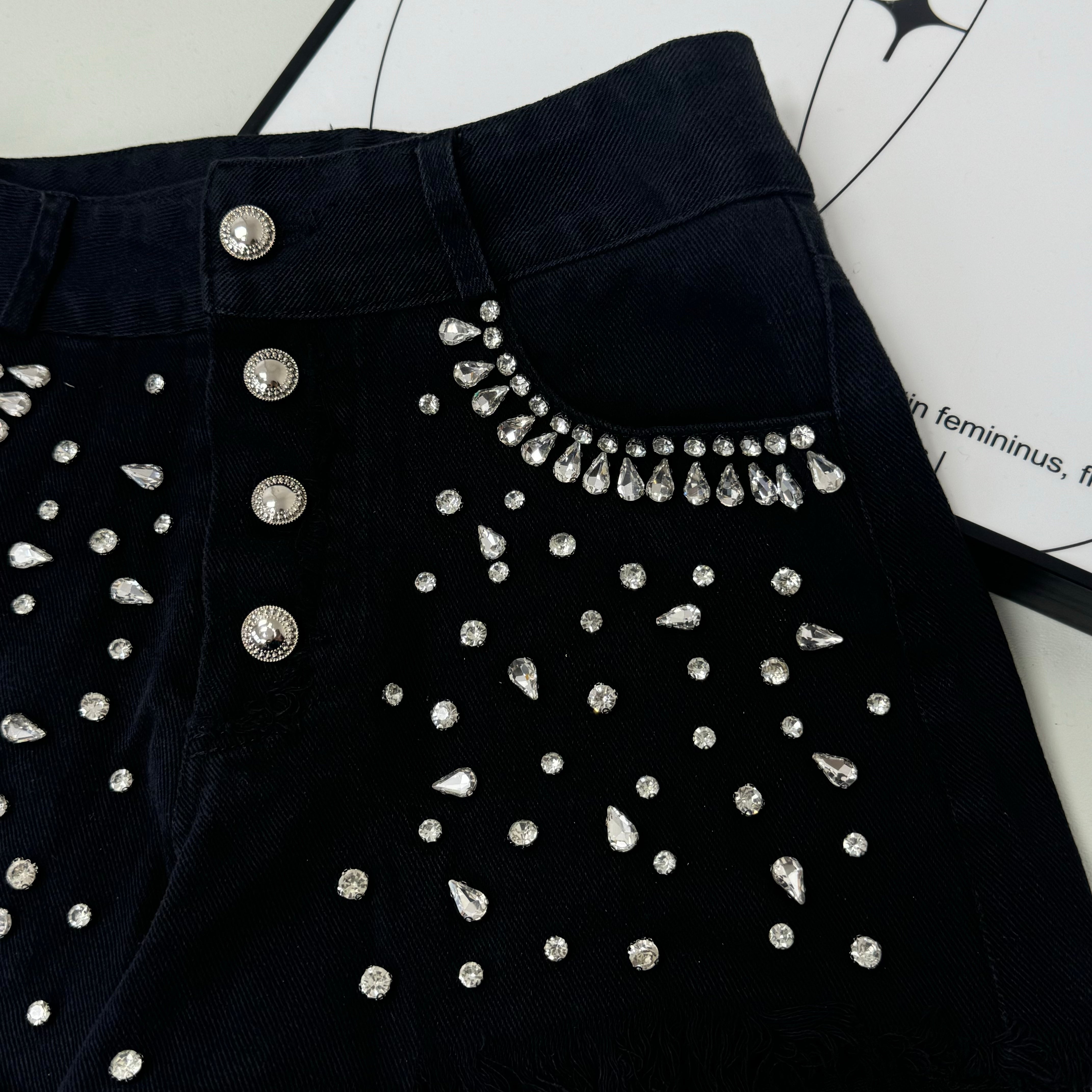 Waterdrop bead fringed denim shorts