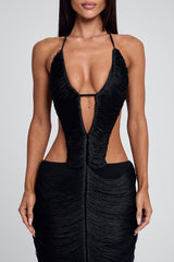 Halter Deep V Neck Cut Out Backless Ruched Maxi Dresses-Black Pre Order