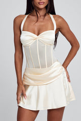 Gathered Halter Corset Wrinkle Layered Slit Mini Dresses-Beige Pre Order