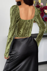 Floral Pattern Patchwork Velvet Long Sleeve Corset-Green