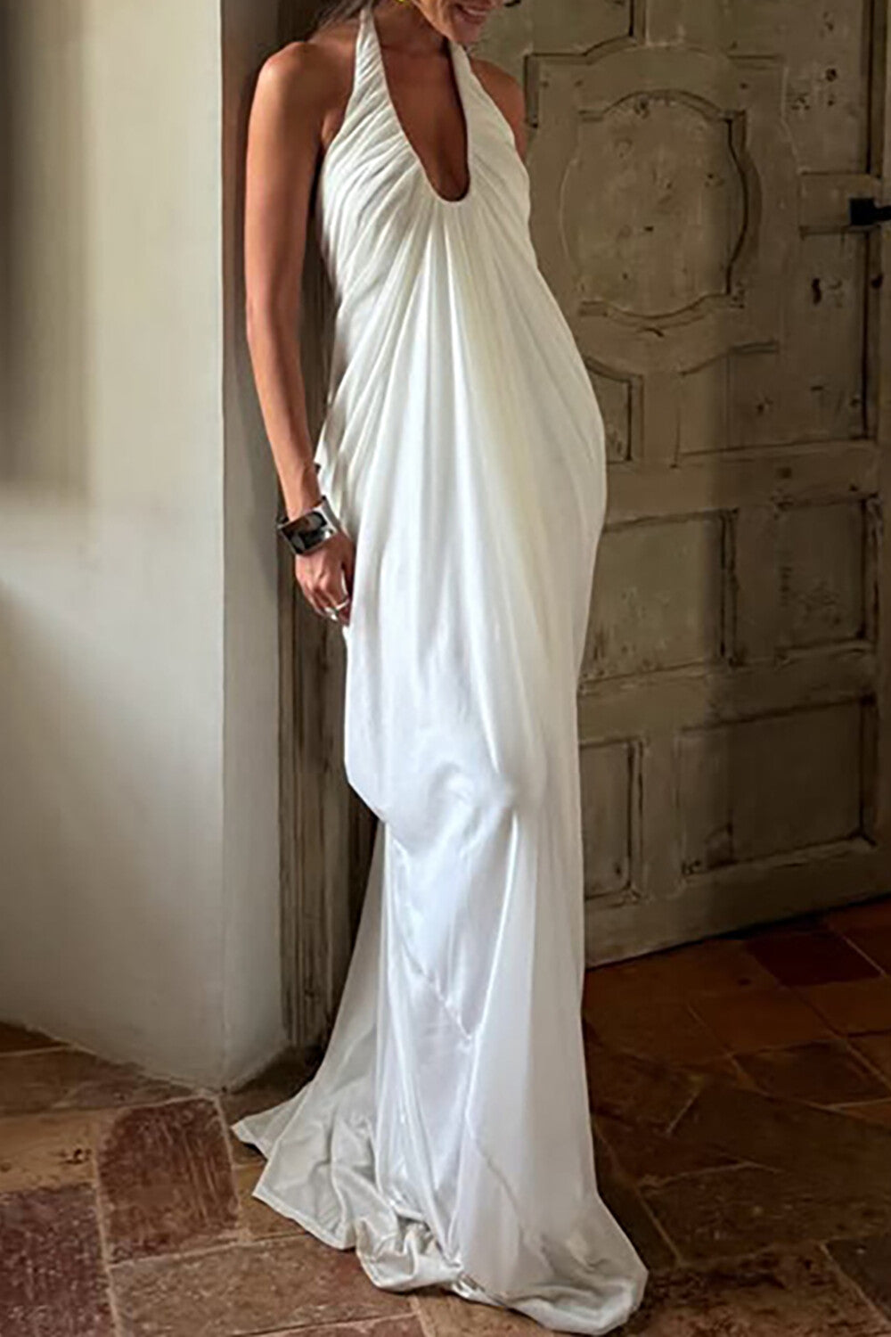 Deep V Neck Halter Ruched Solid Color Maxi Dresses-White