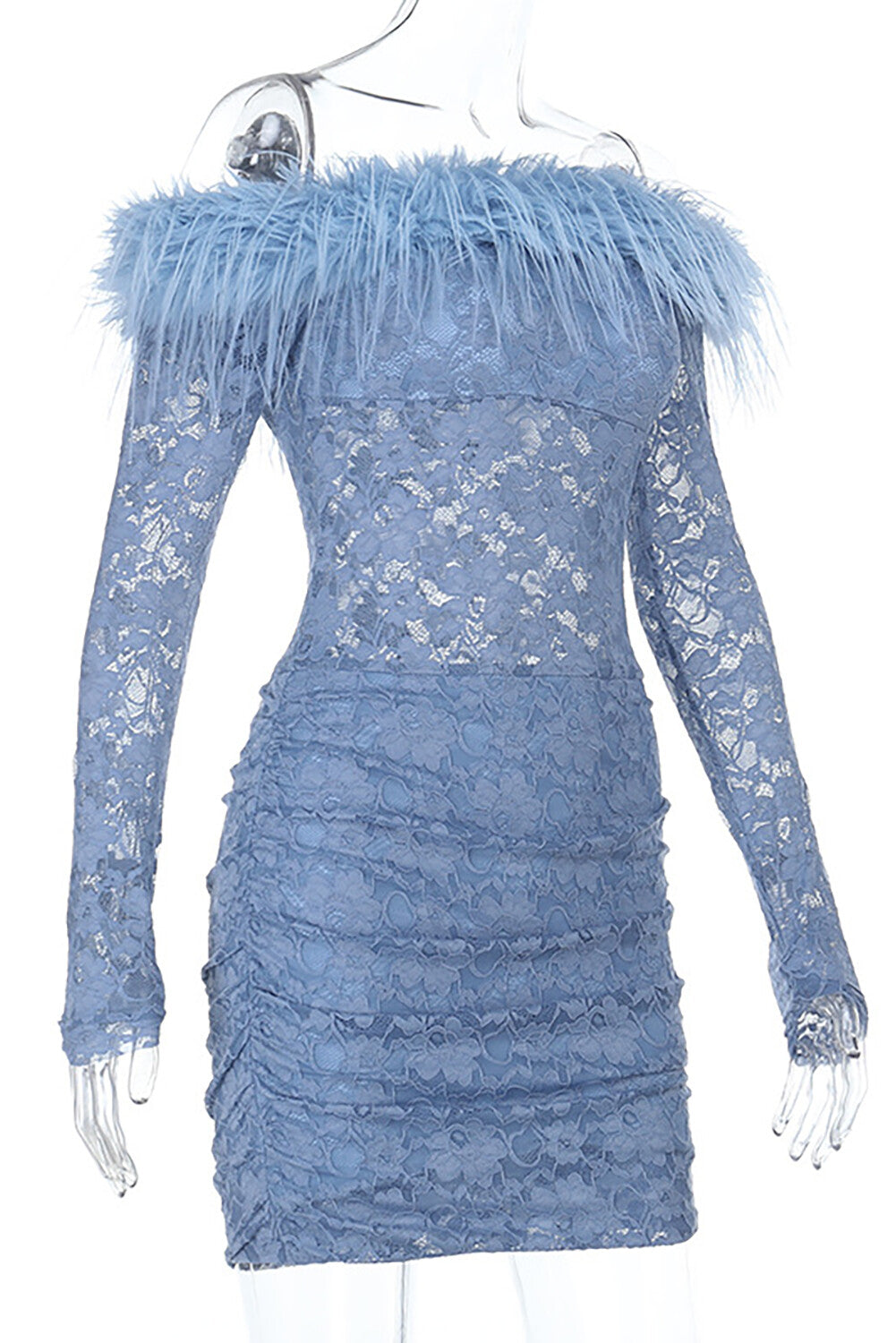 Feather Trim Off Shoulder Lace Long Sleeve Ruched Bodycon Mini Dresses-Blue