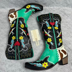 Embroidered rivet color-matched high boots