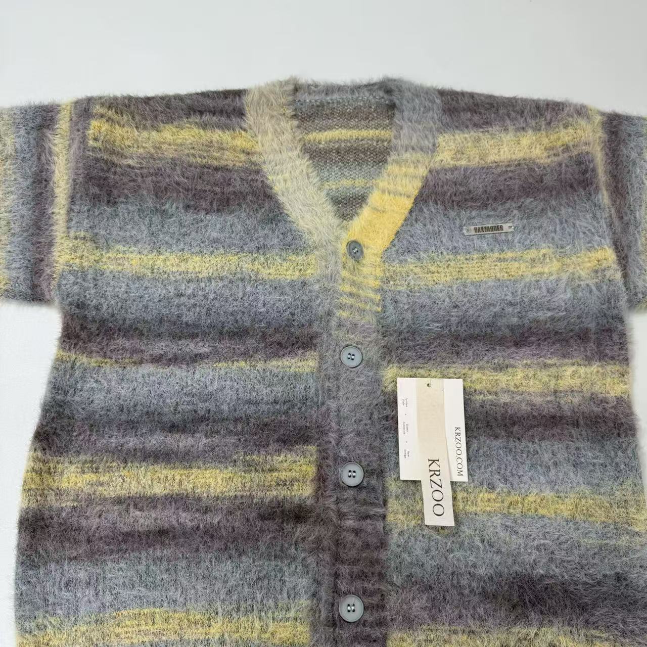 Multi-color striped V-neck pullover knitted sweater