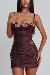 Cami 3D Flowers Cinch Waist Shimmery Party Mini Dresses-Red Pre Order