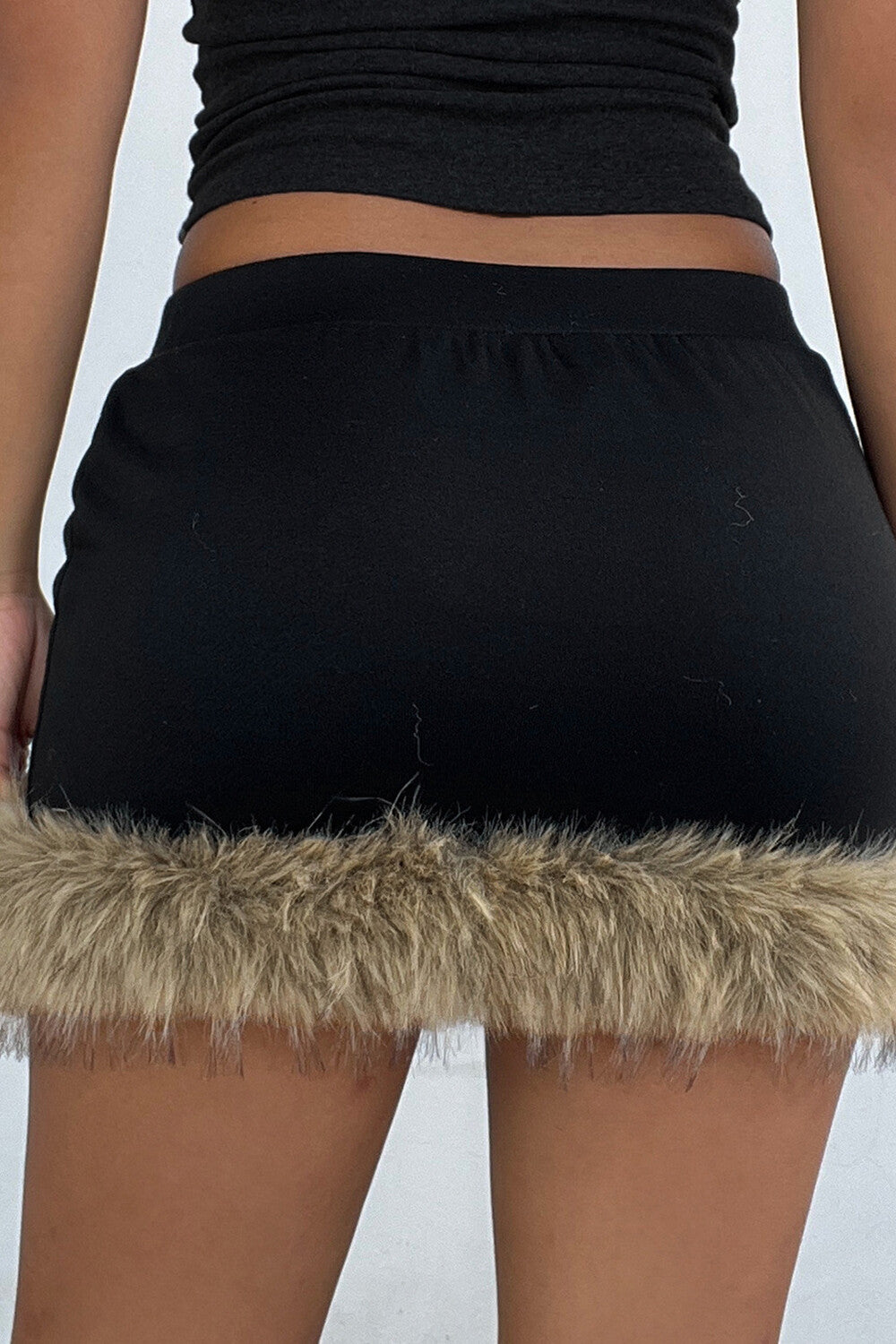 Faux Fur Patchwork Bodycon Tie Up Low-Rise Mini Skirt-Black