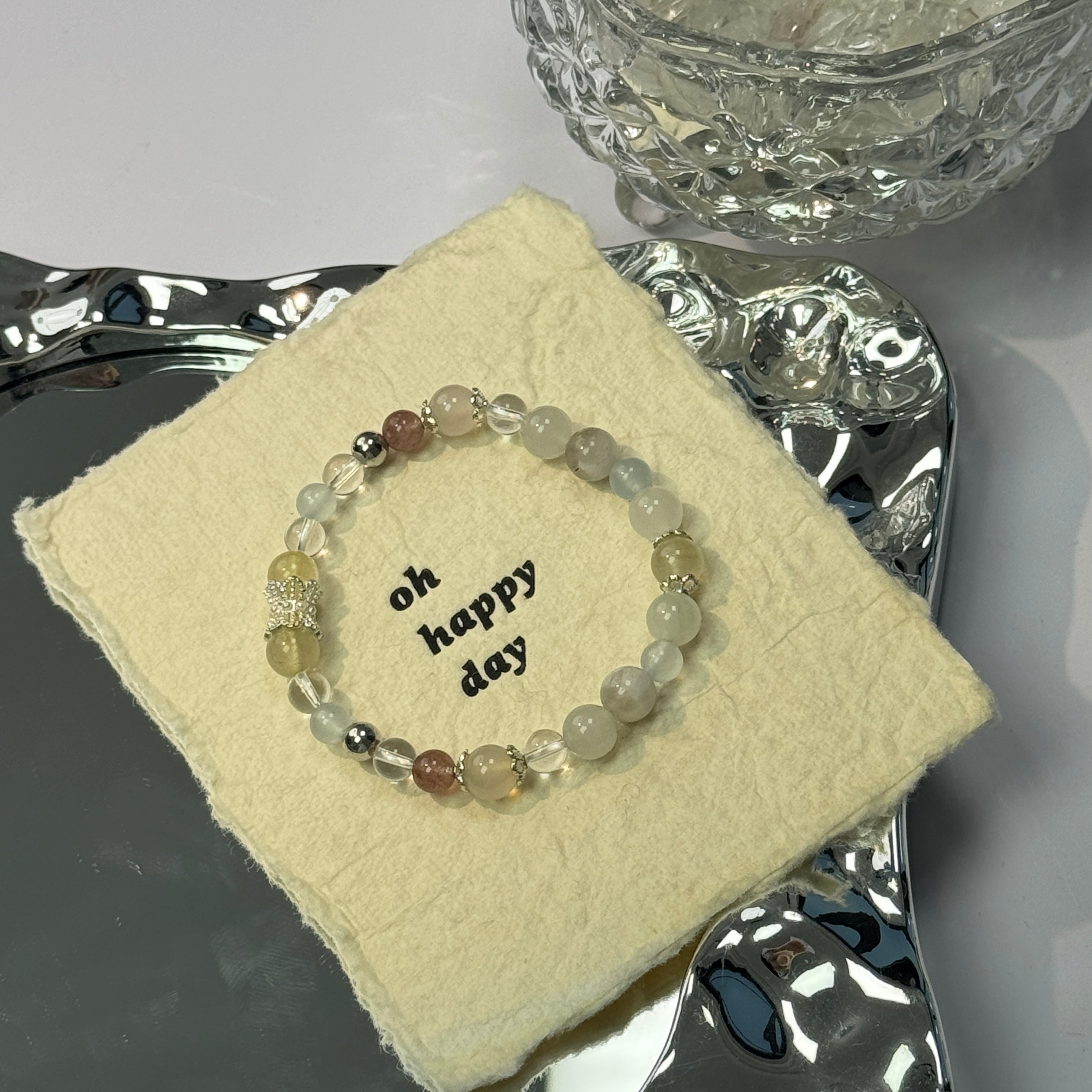 Natural Moonstone Citrine Strawberry Quartz Clear Quartz Bracelet, Handmade Healing Crystal Beaded Bracelet