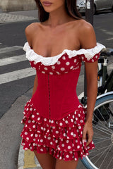 Polka Dot Off Shoulder Tiered Mini Dresses Corset 2pcs Set-Red Pre Order