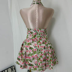 Deep V-Neck Halter Dress With Vintage Print