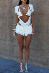Frilled Lace Short Sleeve Cutout Playsuit Romper Bra 2pcs Set Ivory