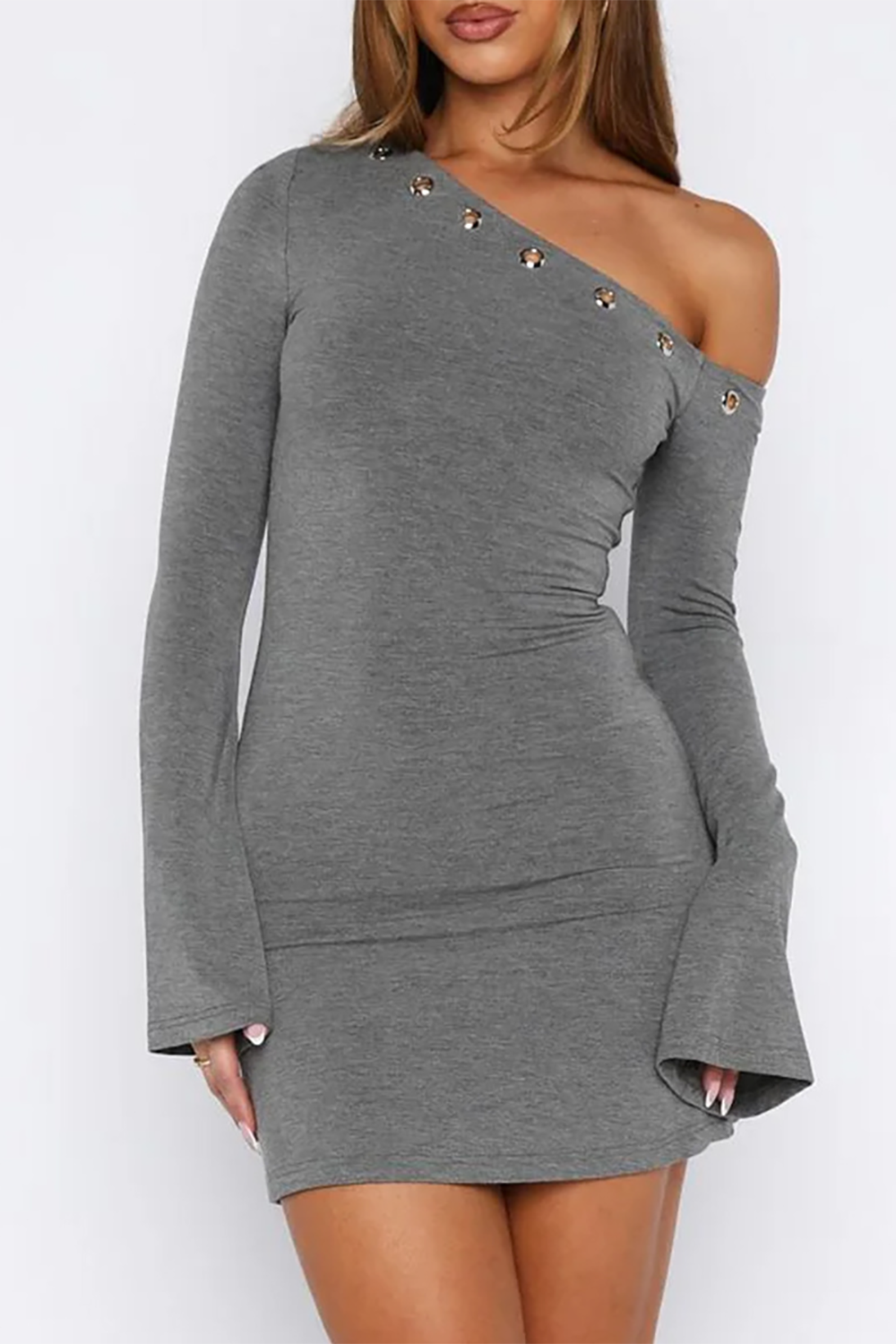 Eyelets Trim Skew Neck Flare Sleeve Plain Slim Fit Mini Dresses-Grey