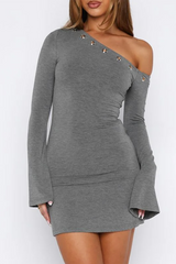 Eyelets Trim Skew Neck Flare Sleeve Plain Slim Fit Mini Dresses-Grey